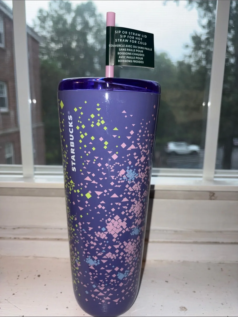 Starbucks Purple Tumbler with Pink Straw and Lime Pixel Accents